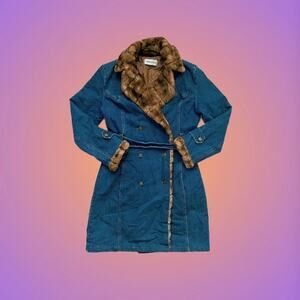 Vintage Denim Coat with Fur Collar - Medium, Retro Winter Mob Wife Style